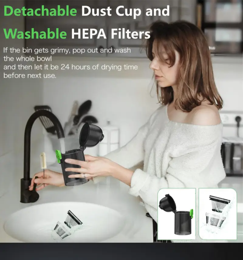 Kinzir VC22 Detachable Dust Cup and Washable HEPA Filters