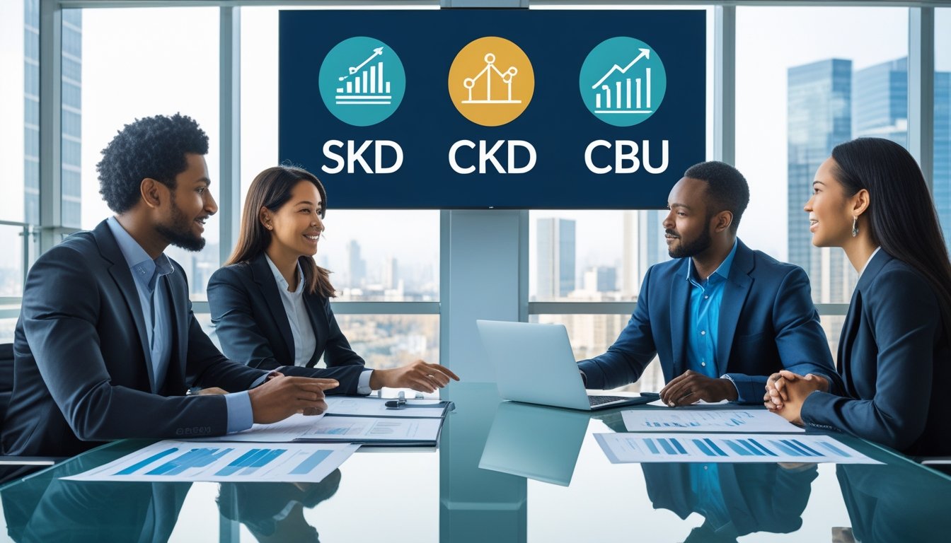 Three business professionals discussing documents and charts around a glass table in a bright conference room.