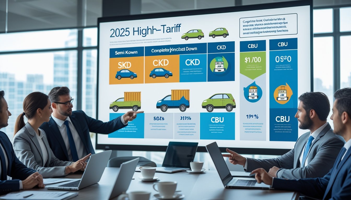 A group of business professionals discussing automotive manufacturing methods around a conference table with a large digital screen showing charts and icons related to tariffs and trade policies.