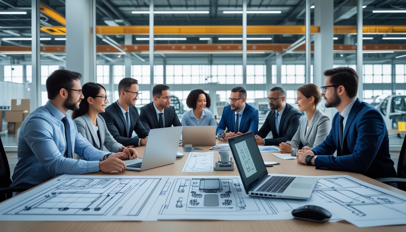A group of professionals collaborating around a conference table with technical drawings and a laptop, with an industrial facility visible through a window in the background.