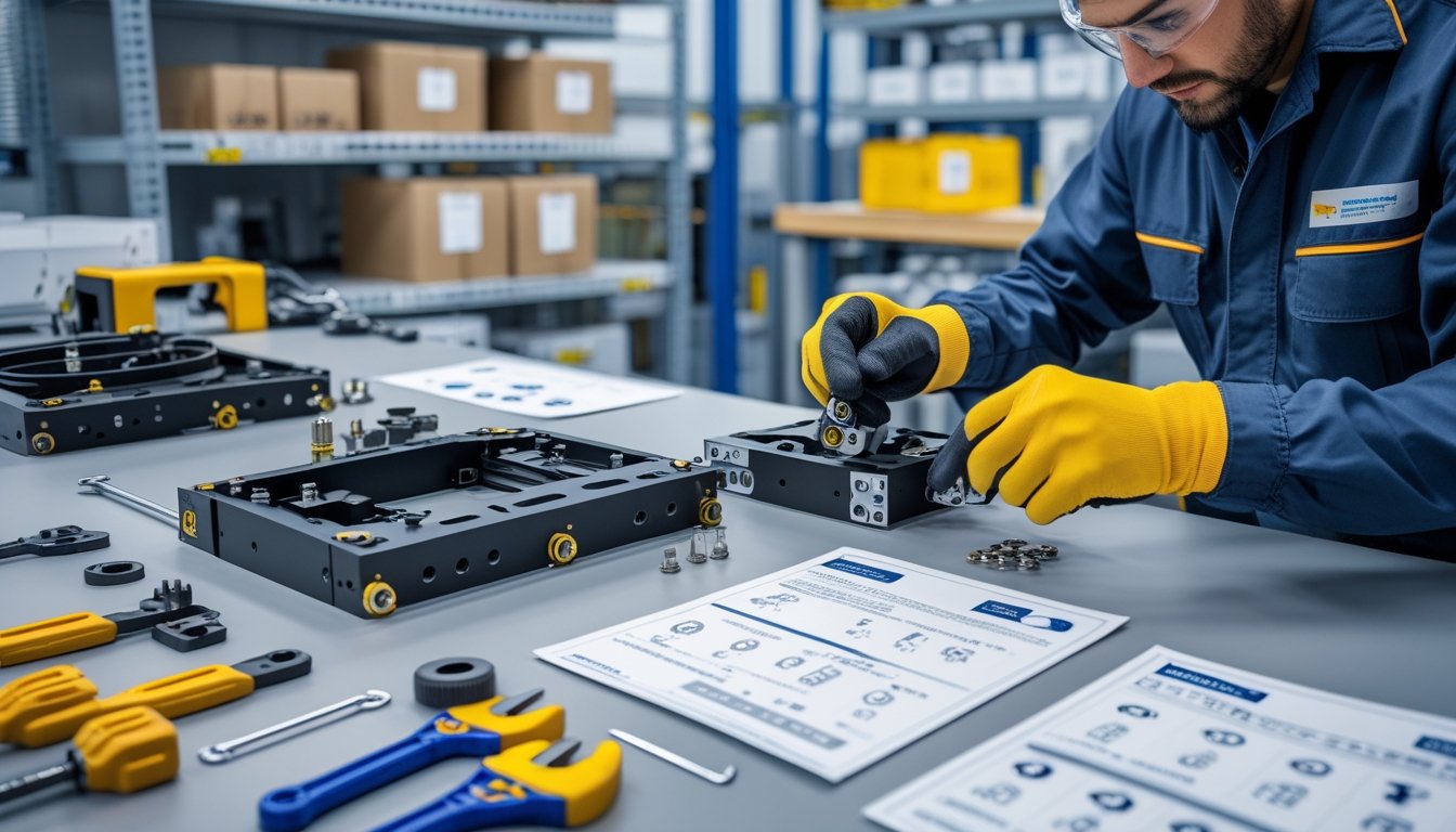 A technician assembling mechanical parts at a clean, organized workspace with tools and components arranged neatly.