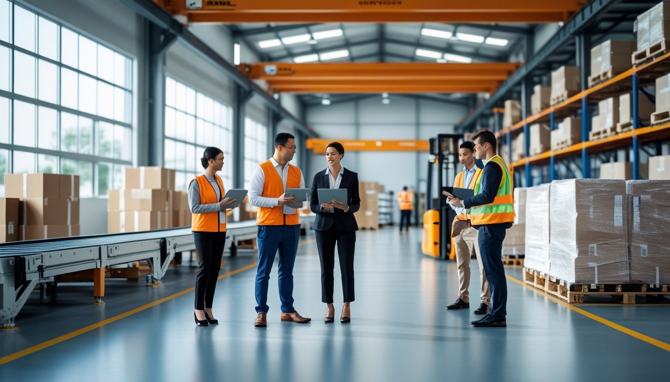 A team of logistics workers in a warehouse with pallets, conveyor belts, and forklifts organizing and inspecting partially assembled products.