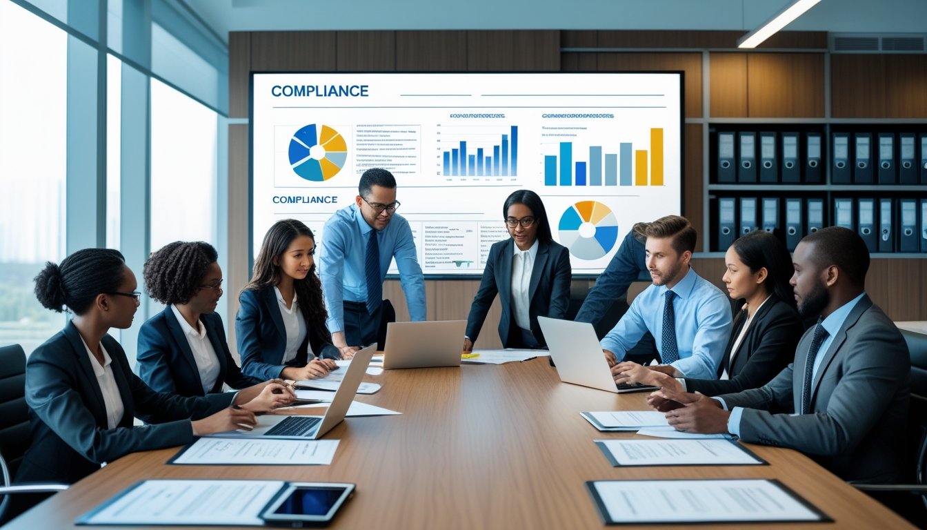 A group of business professionals collaborating around a conference table with documents and laptops in a modern office.