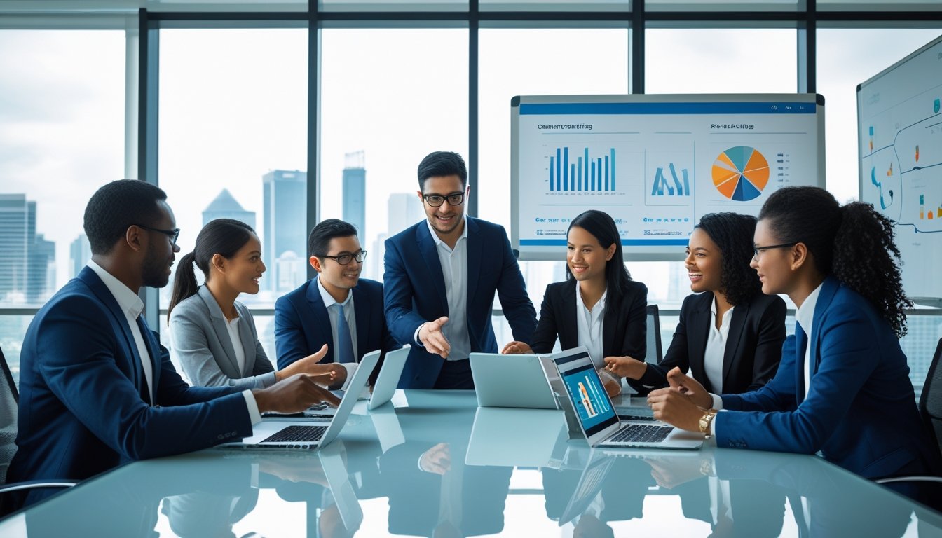 A diverse group of business professionals discussing charts and graphs around a conference table in a modern office.