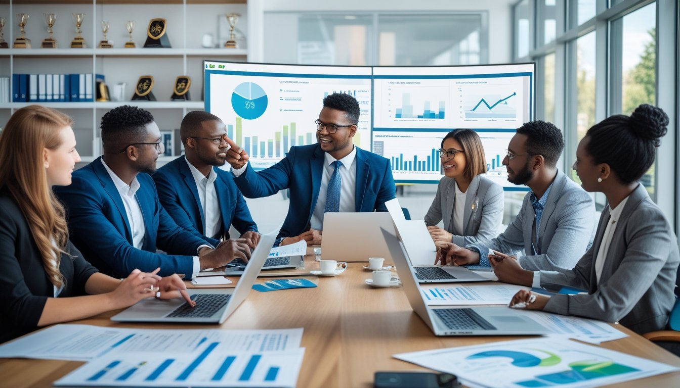 A group of professionals collaborating around a table with laptops and charts in a bright office.