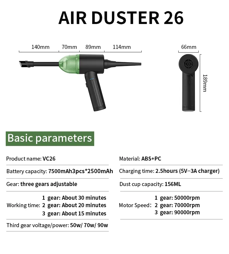 Kinzir VC26 Cordless Car Vacuum Parameters