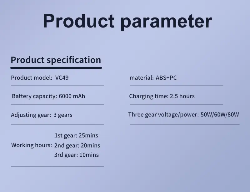 Kinzir VC49 Car Vacuum Cleaner Parameter