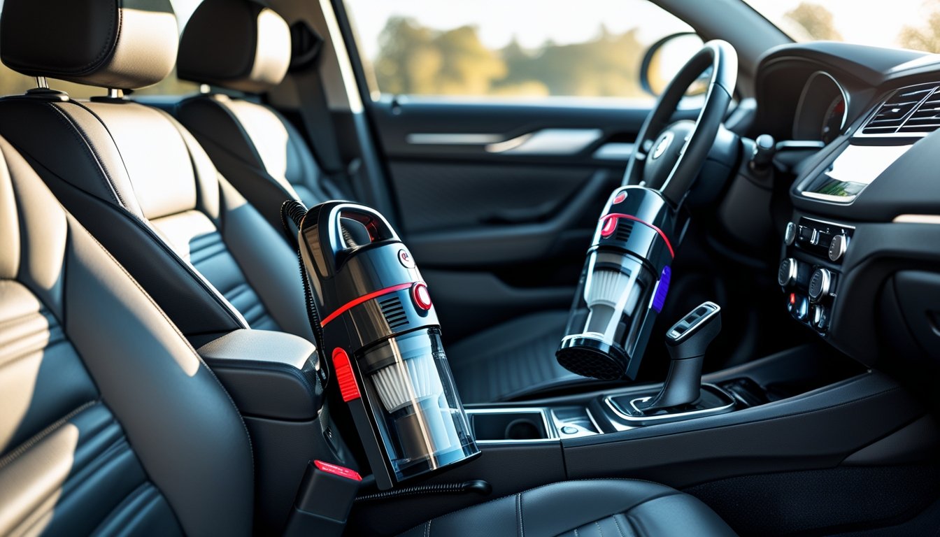 Two car vacuum cleaners, one corded and one cordless, placed inside a clean car interior on the passenger seat.