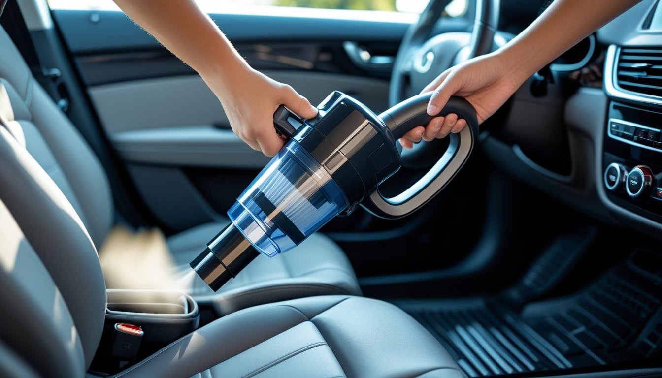 Person using a handheld car vacuum cleaner to clean the interior of a car.