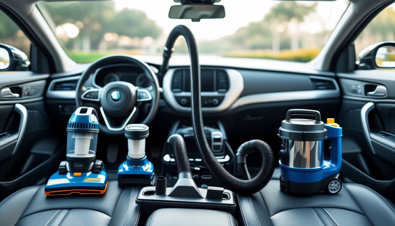 Various types of car vacuum cleaners displayed on a surface with a car interior in the background.