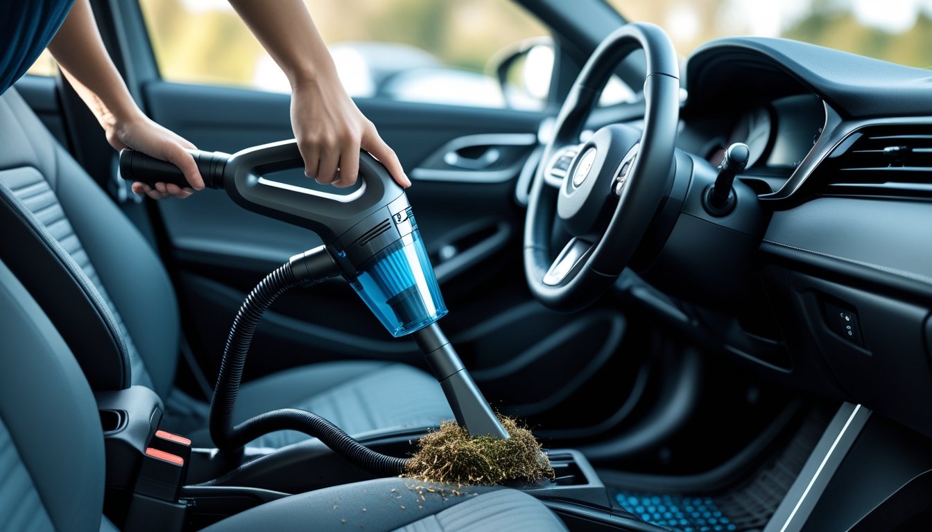 Hands using a handheld vacuum cleaner to clean dirt from a car seat inside a modern car.