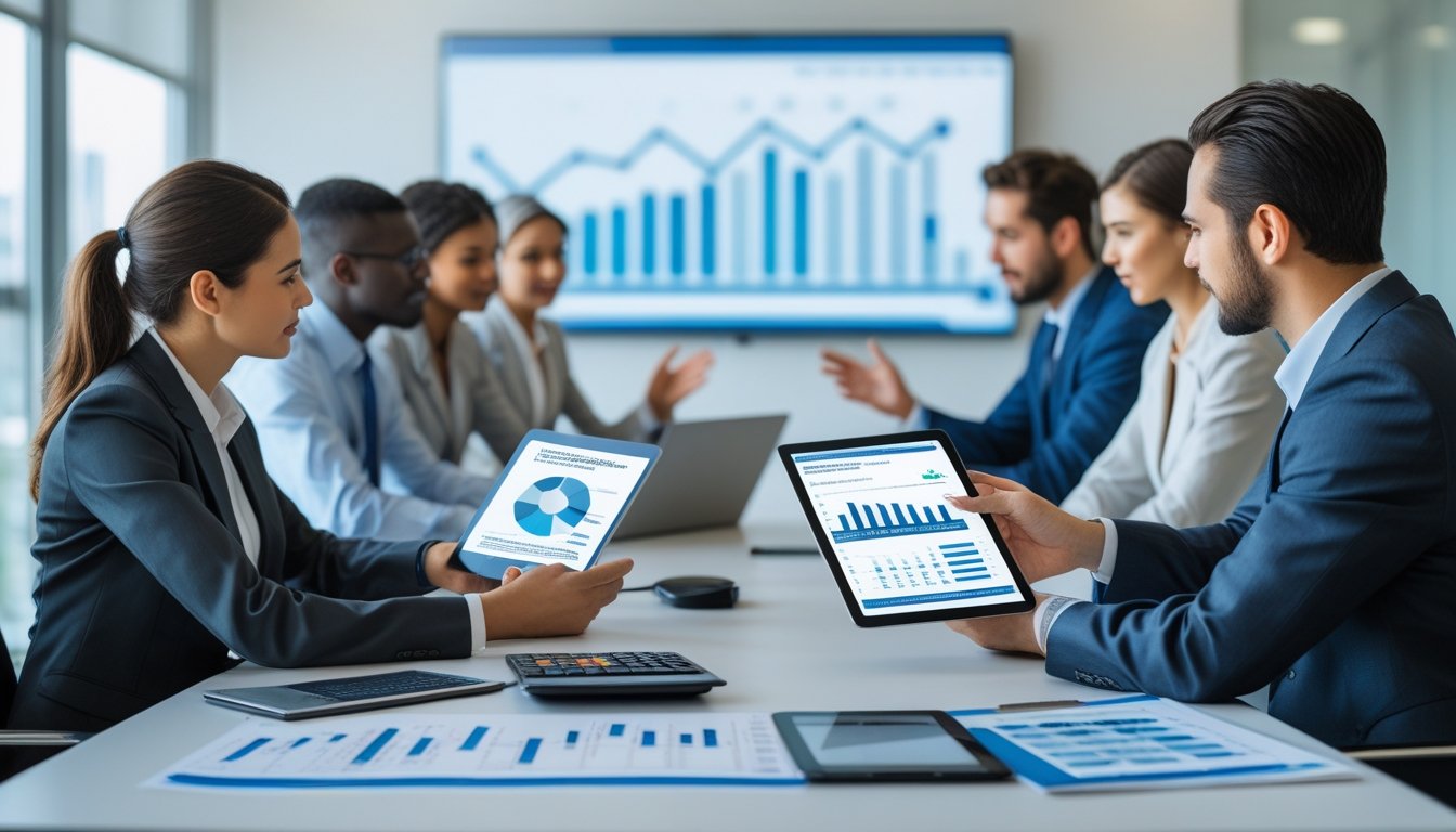 Business professionals collaborating around a conference table reviewing documents and digital devices related to certification planning.