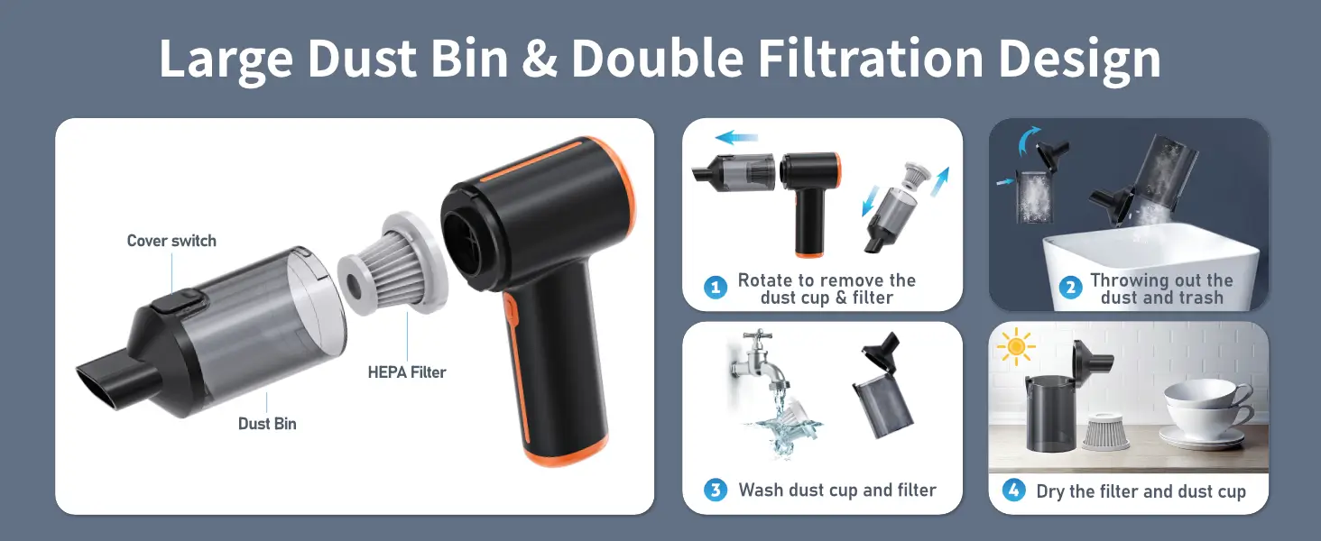 Large Dust Bin and washable Filter Design of Kinzir VC44 Cordless Vacuum Cleaner