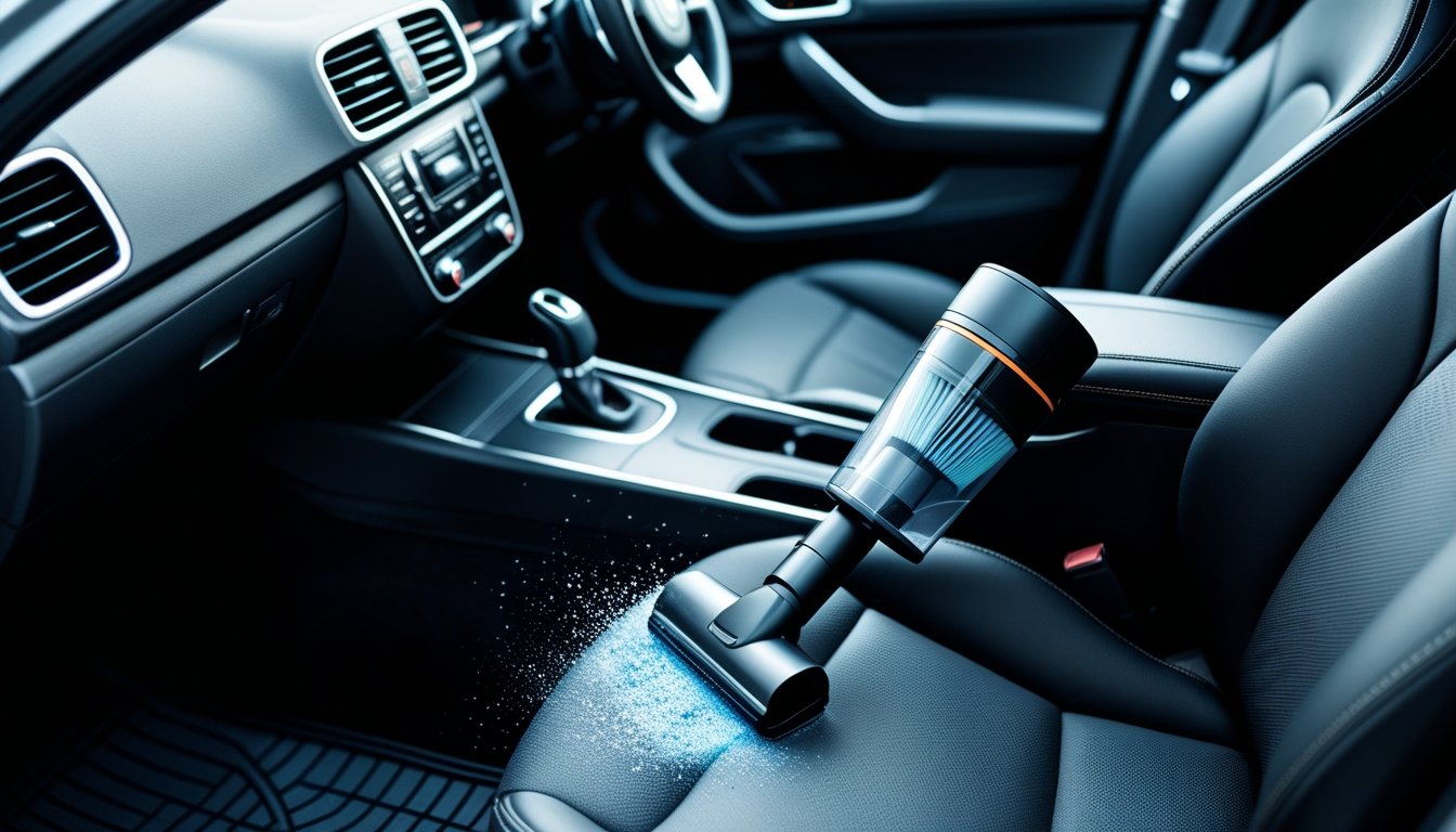 Car vacuum cleaner with HEPA filter cleaning dust and allergens from a clean car interior.
