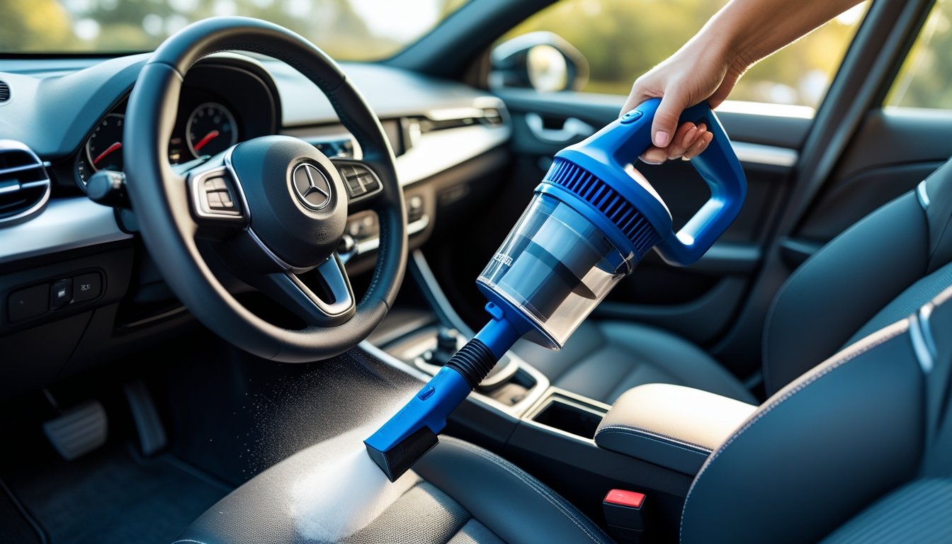 A handheld car vacuum cleaner cleaning the upholstery inside a car, focusing on removing dust and allergens.