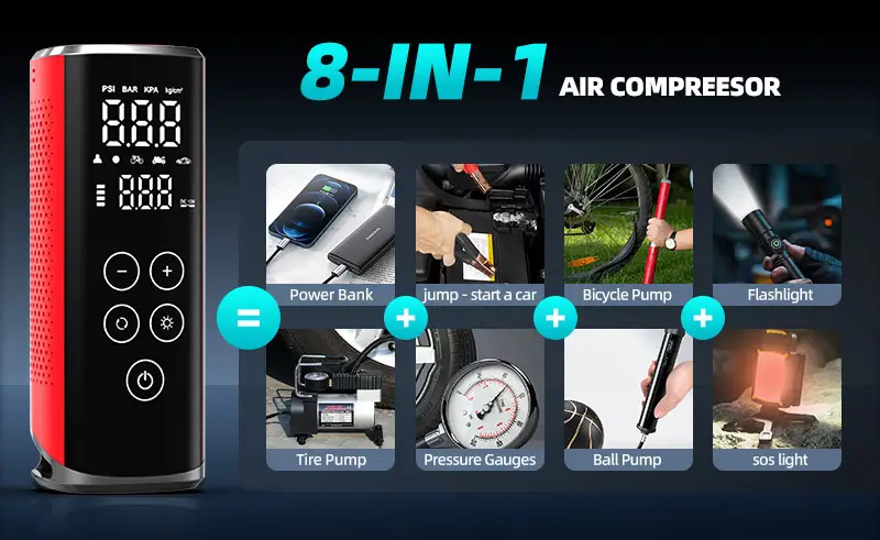 8-in-1 Multi-Function Design of tire inflator and jump starter