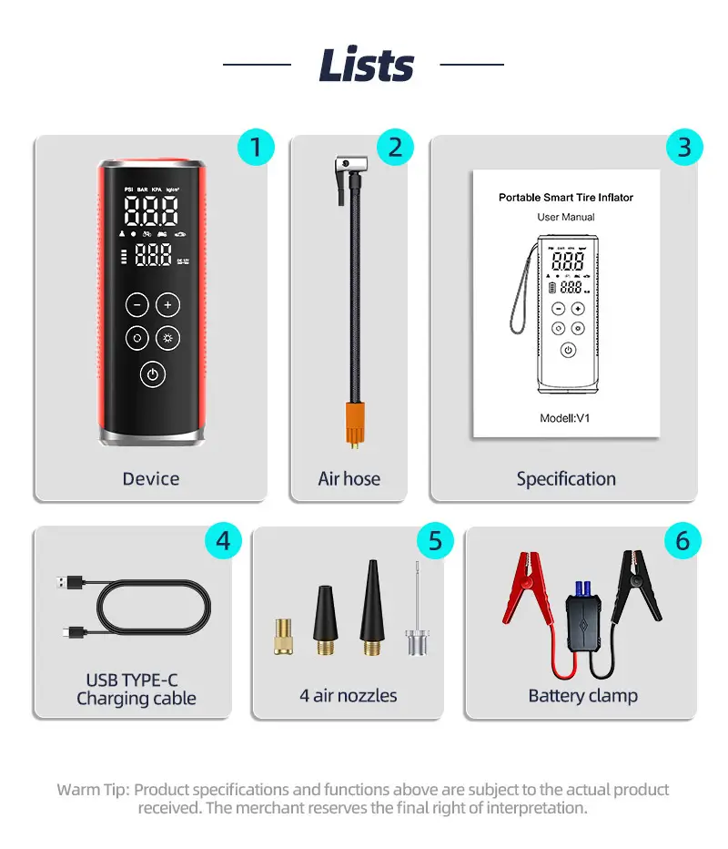 List of items in Kinzir V1 smart tire inflator and car jump starter