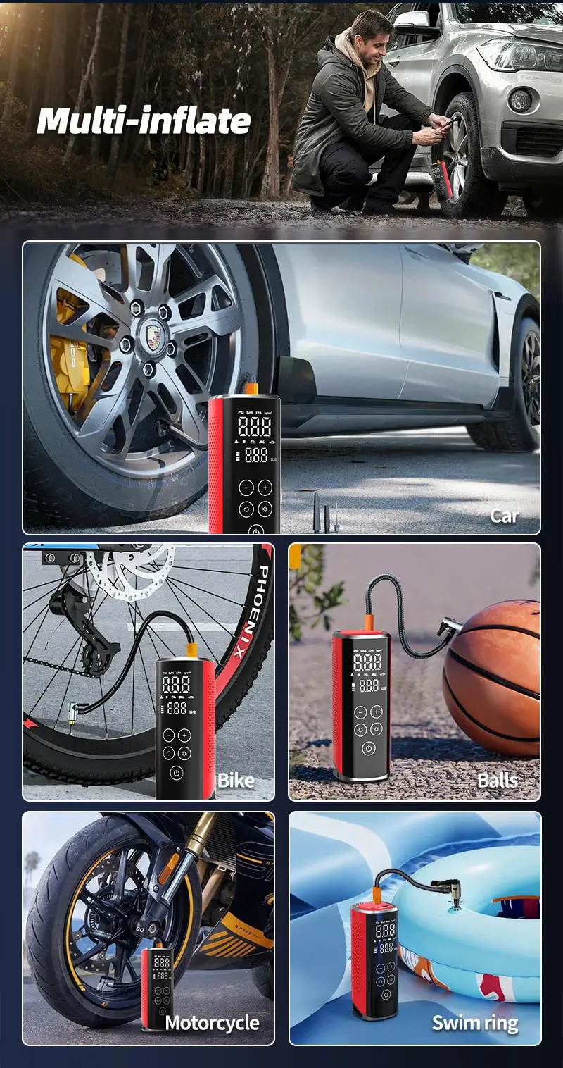Multi-inflate design for cars, bicycles, motorcycles, sports balls, and swim rings with one portable tire inflator