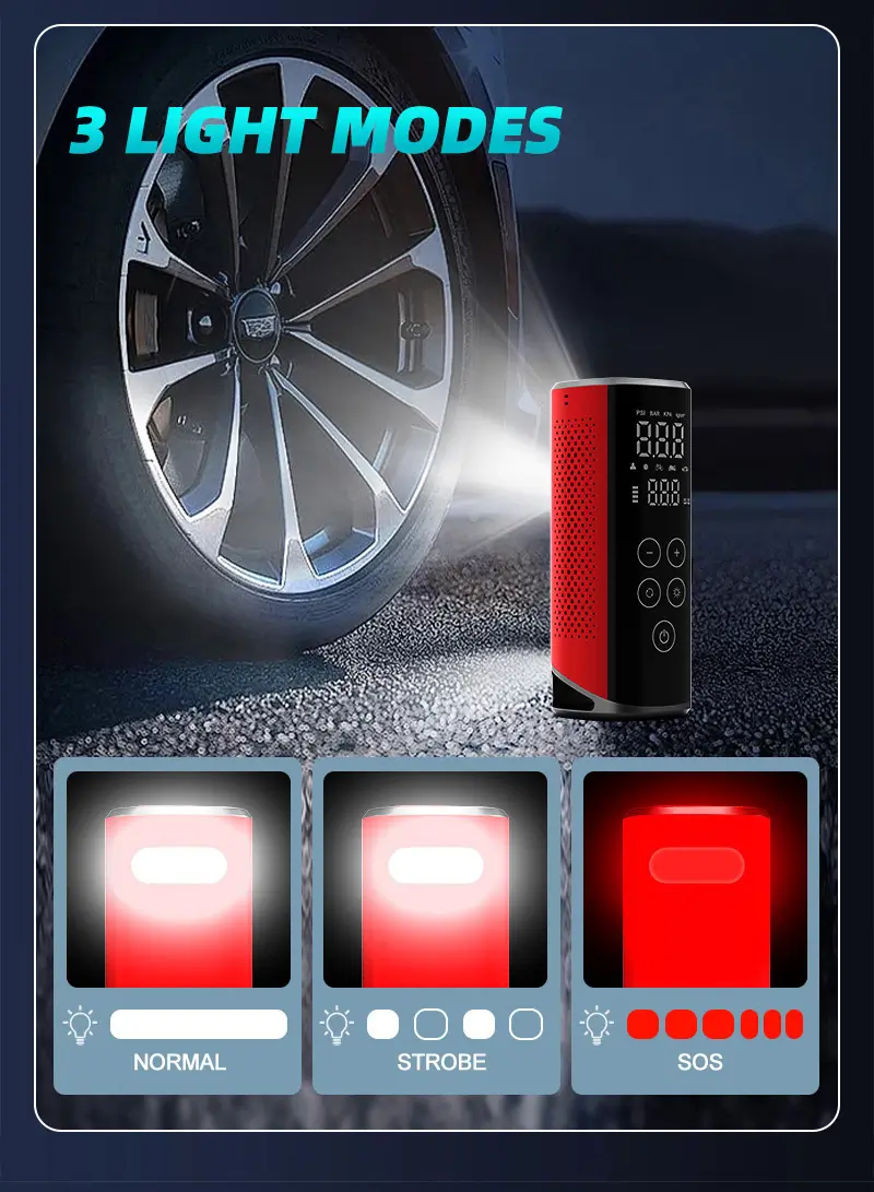 Portable tire inflator and Emergency LED Flashlight with SOS Mode