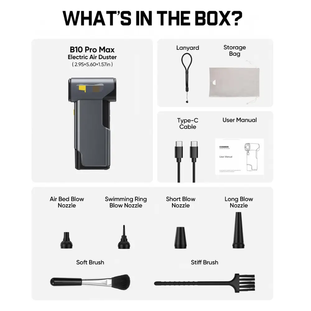 Kinzir AD52 Cordless Electric Air Duster packaging box with accessories